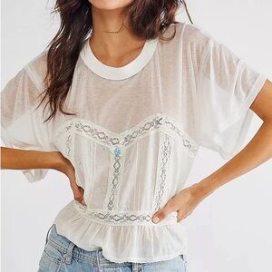 Free People Fall in Love Mixed Media White Lace Peplum Cropped Tee Size M